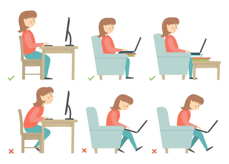 cartoon woman working at a computer demonstrating poor posture and good posture to supplement an article about how to exercise with lower back pain. 